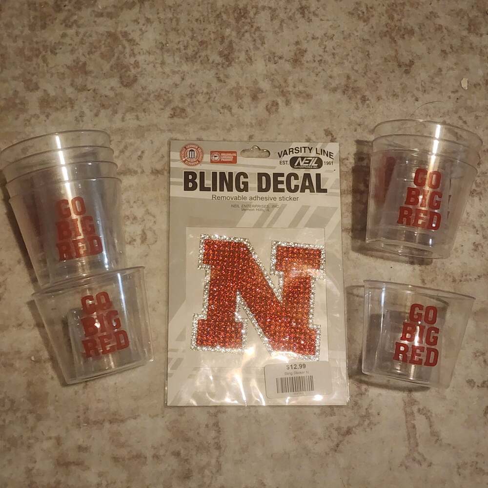 Nebraska Cornhuskers 'N' Bling Decal and Go Big Red Shot Glasses Set